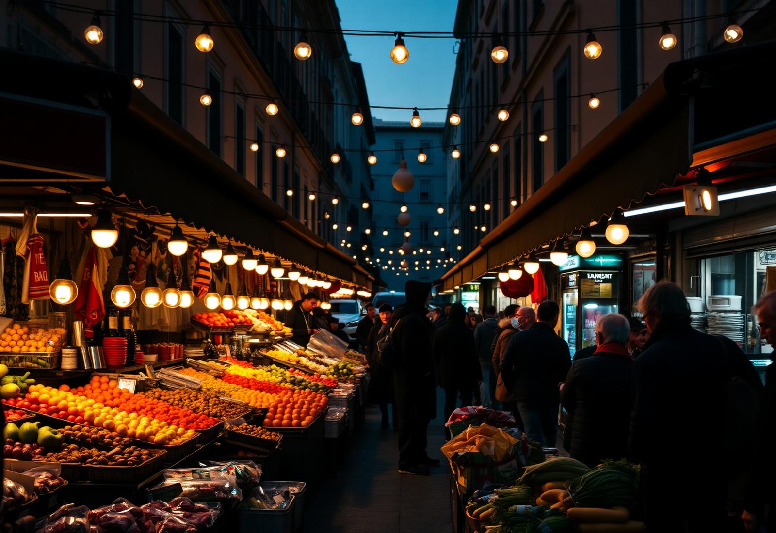 Mercado de comida de rua italiano iluminado ao entardecer